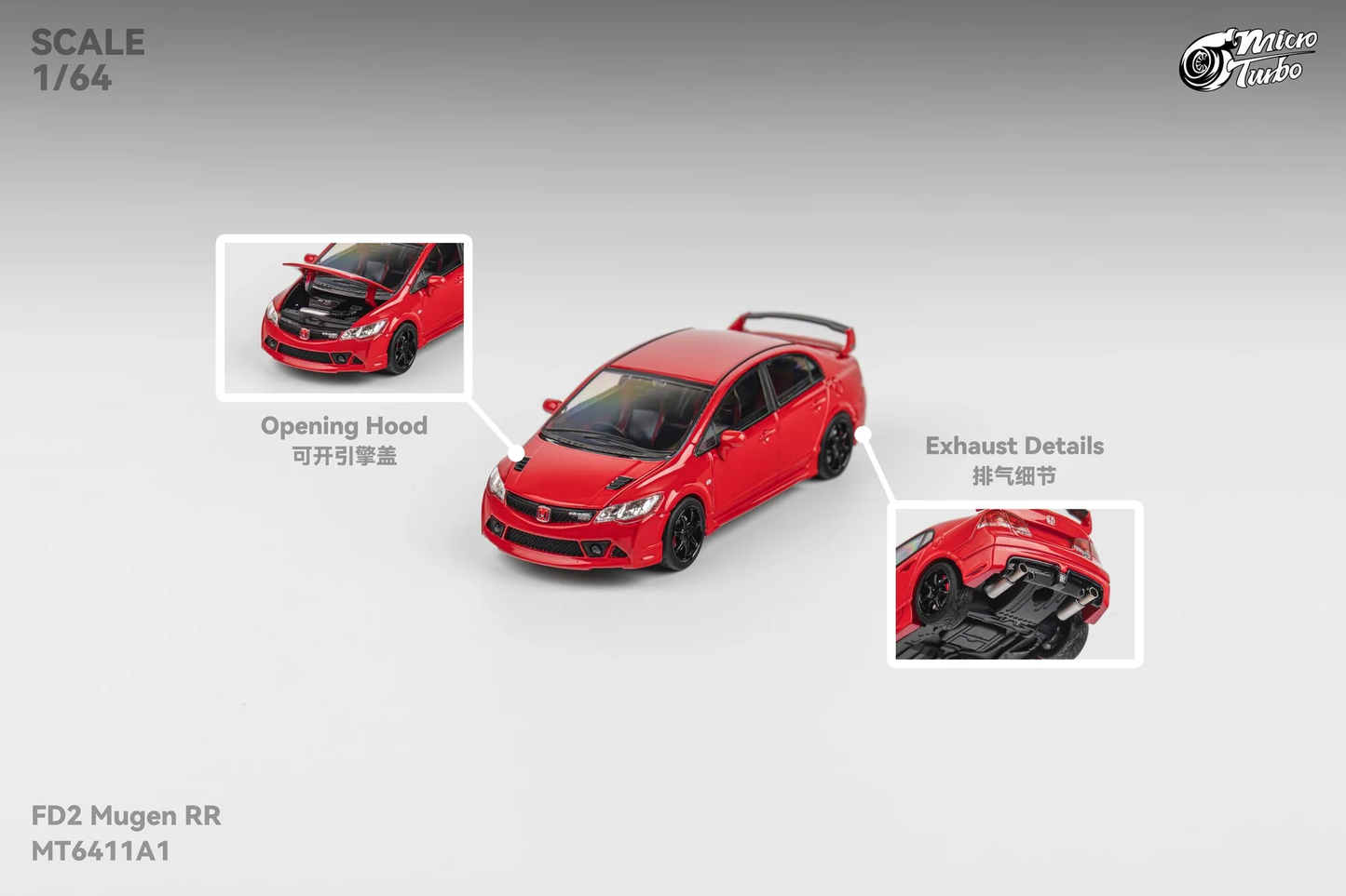 Micro Turbo Civic Type R FD2 MUGEN RR Red MT6411A1 1/64 Diecast