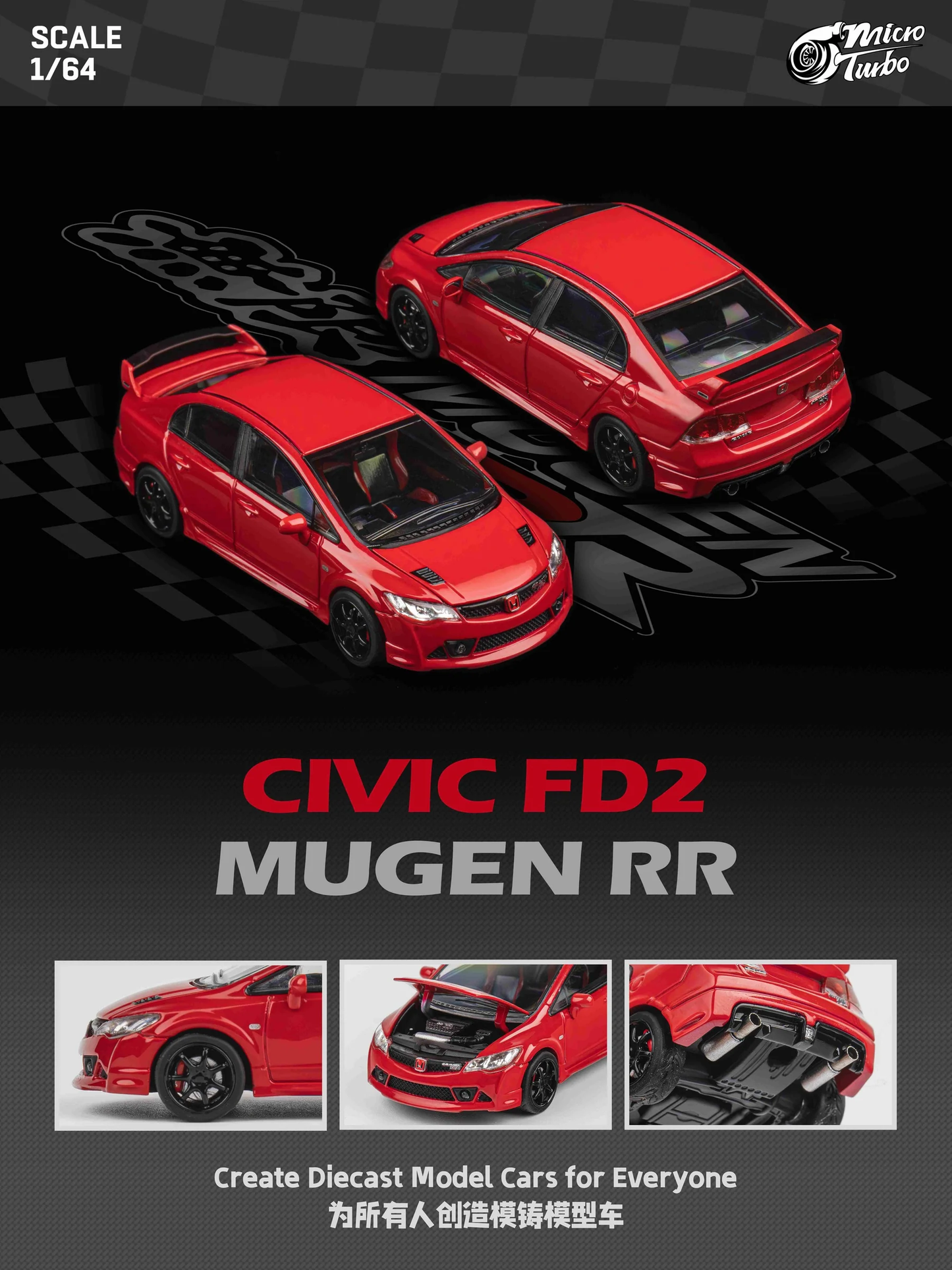 Micro Turbo Civic Type R FD2 MUGEN RR Red MT6411A1 1/64 Diecast