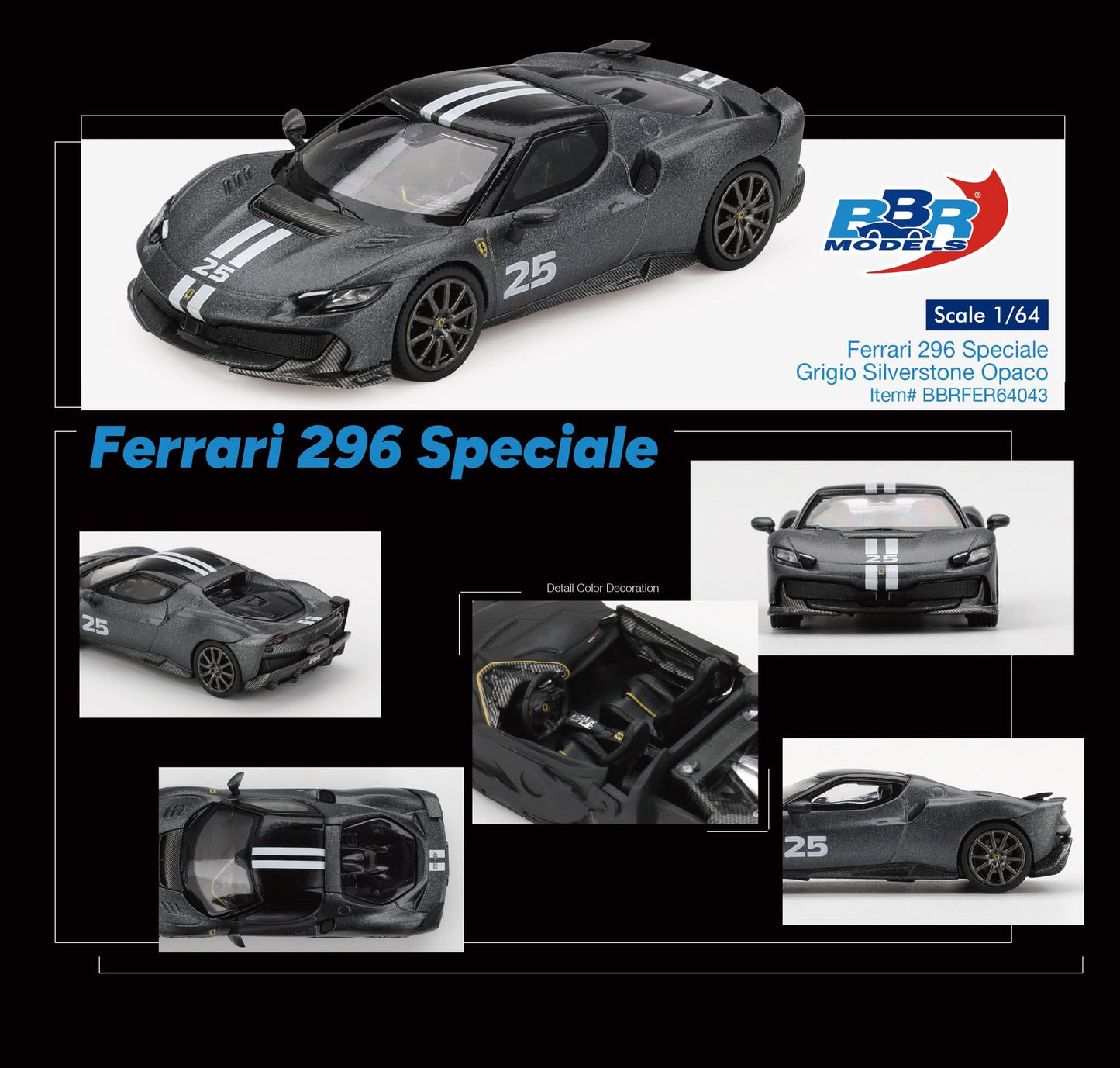 [Pre-Order] BBR Models Ferrari 296 Speciale Grigio Silverstone Opaco BBRFER64043 1/64 Diecast