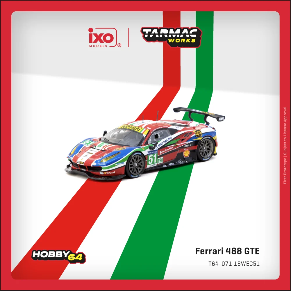 Tarmac Works Ferrari 488 GTE 24h of Le Mans 2016 G. Bruni  J. Calado  A. Pier Guidi Collaboration w IXO models 1/64 Diecast