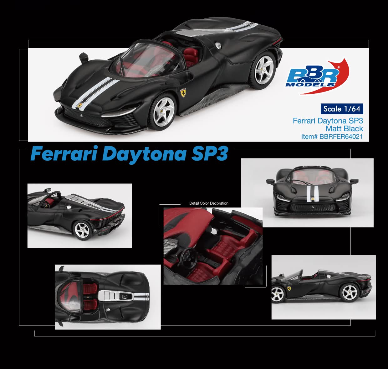 BBR Models Ferrari Daytona SP3 Matt Black BBRFER64021 1/64 Diecast