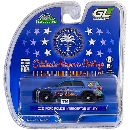 CHASE! GreenLight Ford 2022 Police Interceptor Ultility  The City of Miami Police Dept Celevrate Hispanic Heritage Chrome Blue 1/64 Diecast