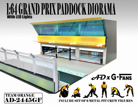 American Diorama Grand Prix Paddock Diorama w LED Lights – Team Orange (Include 6 Pit Crew Figures) AD2445GF 1/64 Diecast