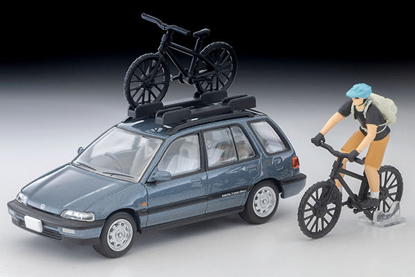 TomyTEC Tomica Limited Vintage NEO Honda Civic Shuttle RT X Blue 1990 w Figure and Mountain Bike LV-N297c 1/64 Diecast