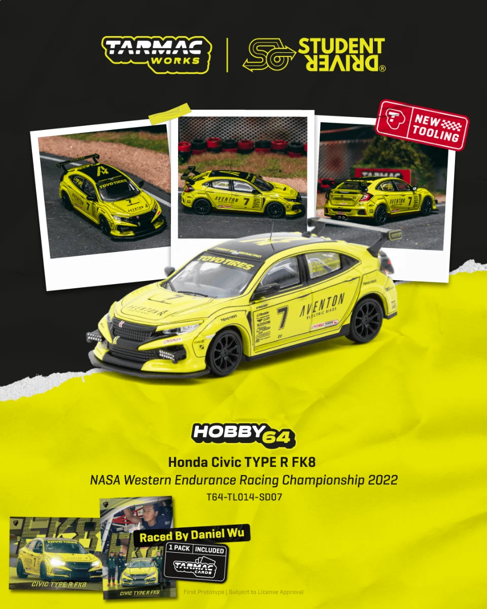 Tarmac Works Honda Civic TYPE R FK8 NASA Western Endurance Racing Championship 2022 Daniel Wu & Tarmac Cards Combo Set 1/64 Diecast