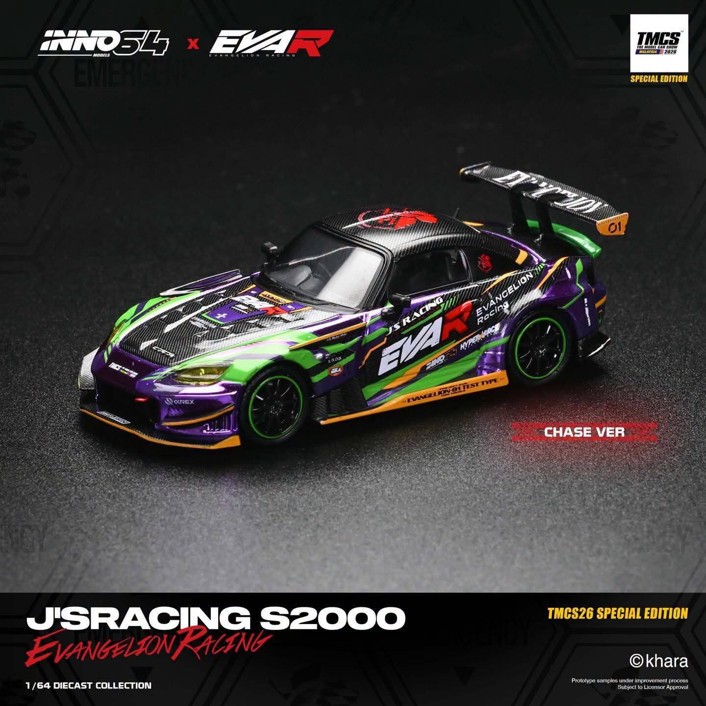 Inno64 Honda S2000 J's Racing Evangelion Production Custom Type-01 IN64-S2000JS-EVA01-TMCS26 1/64 Diecast