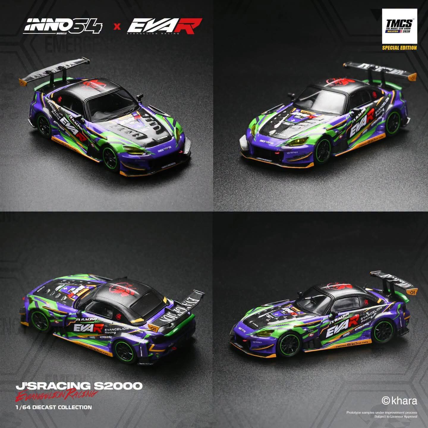 Inno64 Honda S2000 J's Racing Evangelion Production Custom Type-01 IN64-S2000JS-EVA01-TMCS26 1/64 Diecast