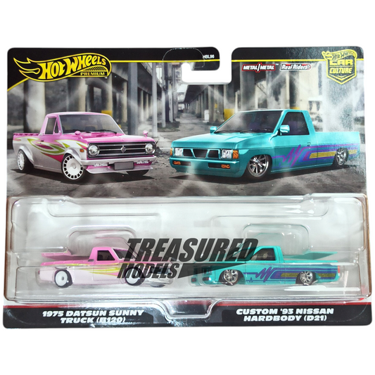 Hot Wheels Datsun 1975 Sunny Truck B120 Pink Nissan 93 Custom Hardbody D21 Light Blue 2024 Premium Car Culture 2-Packs Nissan Trucks 1/64 Die Cast