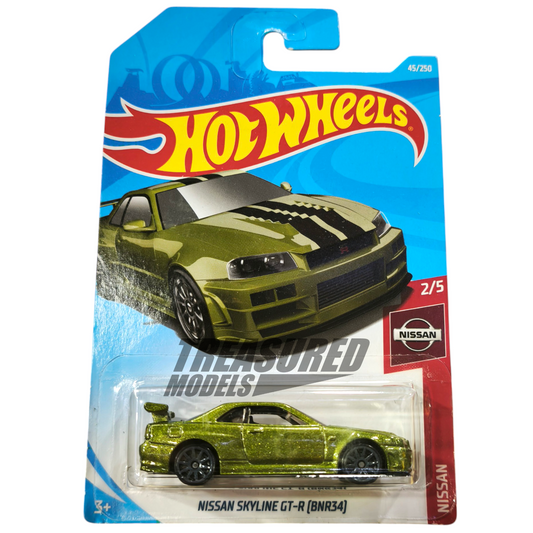Hot Wheels Nissan Skyline GT-R BNR34 Metalflake Olive Green 2019 Main Line Nissan 1/64 Die Cast