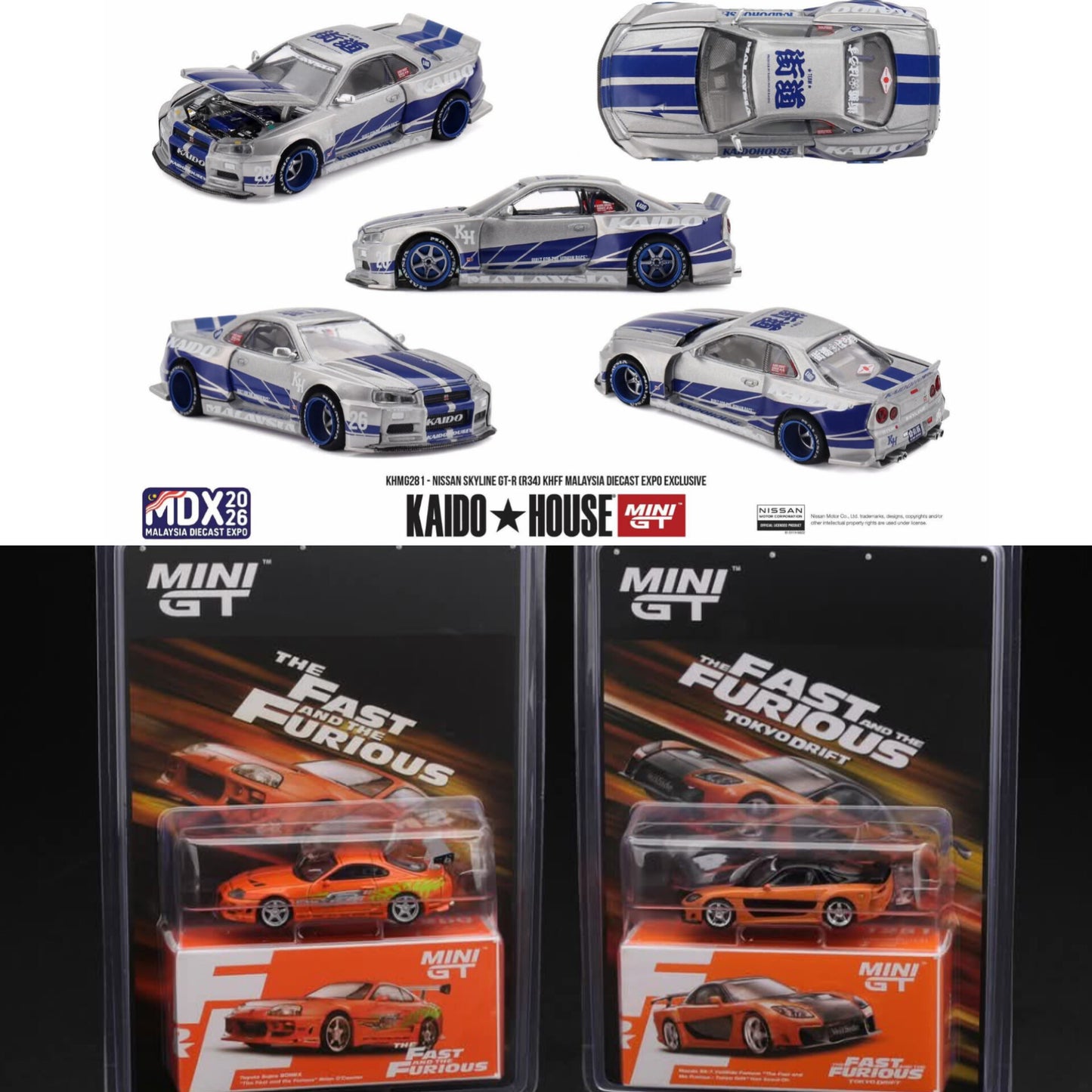 MDX2026 3pcs Set Mini GT Toyota Supra Mazda RX7 + Kaido House R34 FFR 1/64 Diecast