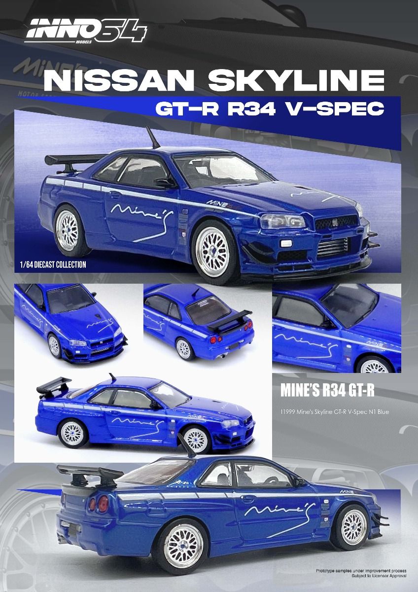 Inno64 Nissan Skyline GT-R (R34) V-Spec Tuned by Mine's Blue 1/64 Diecast