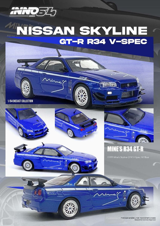 Inno64 Nissan Skyline GT-R (R34) V-Spec Tuned by Mine's Blue 1/64 Diecast
