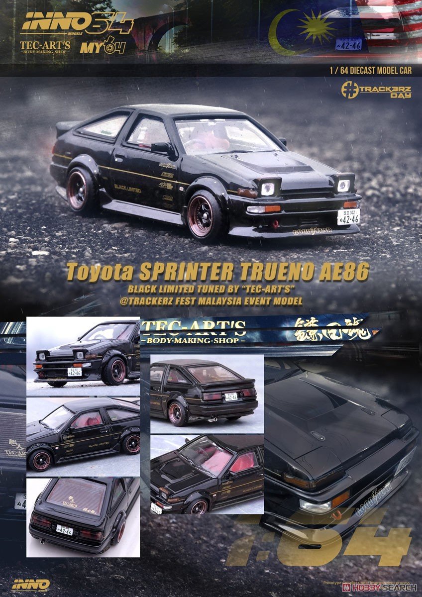 Inno64 Toyota Sprinter Trueno AE86 Black Limited 7uned by Tec-Art's @ Trackerz Fest Malaysia Event Model 1/64 Diecast