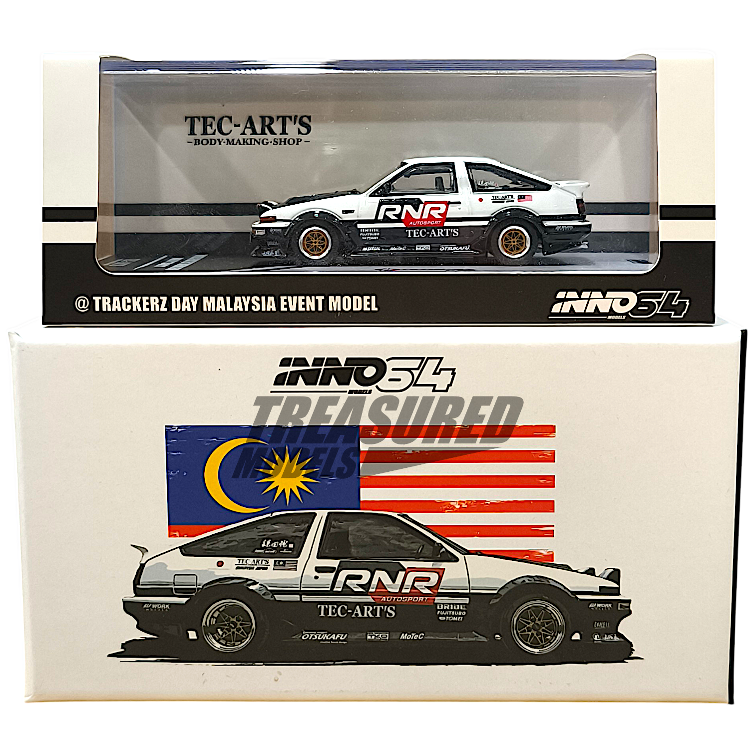 Inno64 Toyota Sprinter Trueno AE86 Tuned by Tec-Arts @Trackerz Day Malaysia Event Model IN64-AE86T-TECART 1/64 Diecast