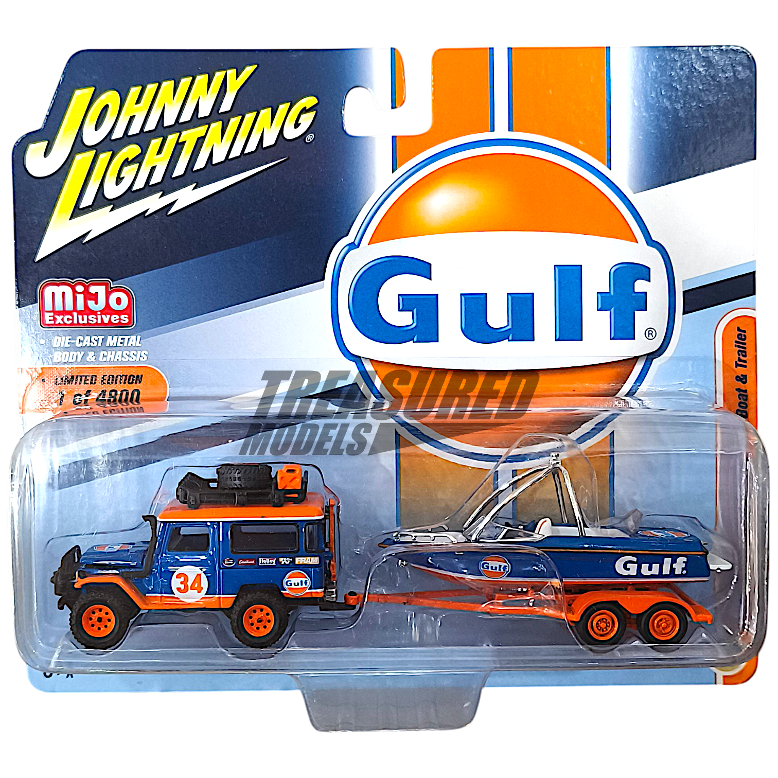 Johnny Lightning Toyota 1980 Land Cruiser FJ40 Gulf & Boat Trailer Off Road 1/64 Diecast