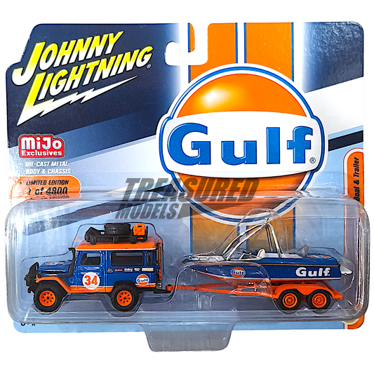 Johnny Lightning Toyota 1980 Land Cruiser FJ40 Gulf & Boat Trailer Off Road 1/64 Diecast