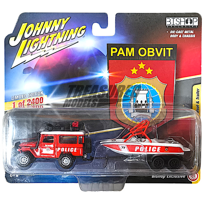 Johnny Lightning Toyota Land Cruiser FJ40 & Boat Trailer PAM OBVIT Indonesia POLICE 1/64 Diecast