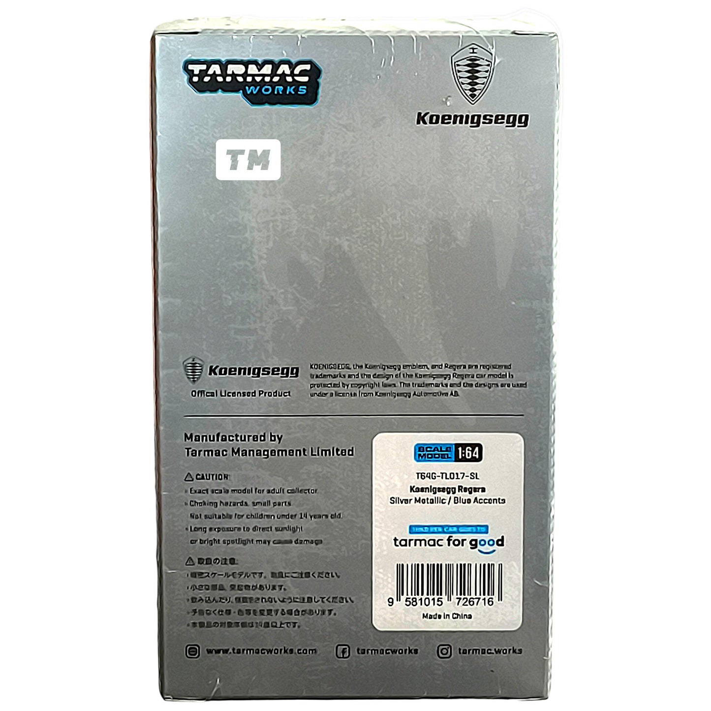Tarmac Works Koenigsegg Regera Silver Metallic  Blue Accents + Tarmac Cards Combo Set 1/64 Diecast