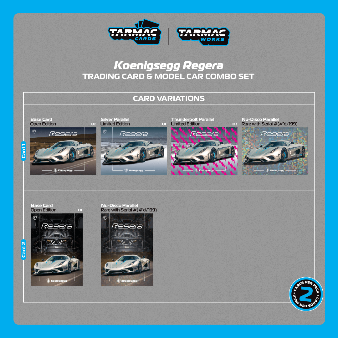 Tarmac Works Koenigsegg Regera Silver Metallic  Blue Accents + Tarmac Cards Combo Set 1/64 Diecast