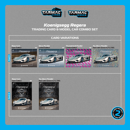 Tarmac Works Koenigsegg Regera Silver Metallic  Blue Accents + Tarmac Cards Combo Set 1/64 Diecast