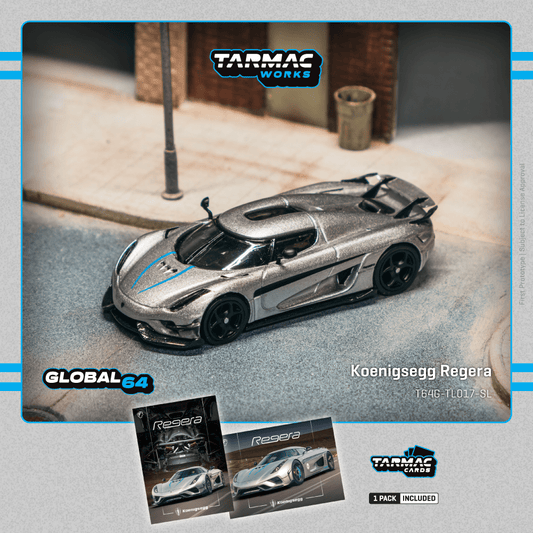 Tarmac Works Koenigsegg Regera Silver Metallic  Blue Accents + Tarmac Cards Combo Set 1/64 Diecast