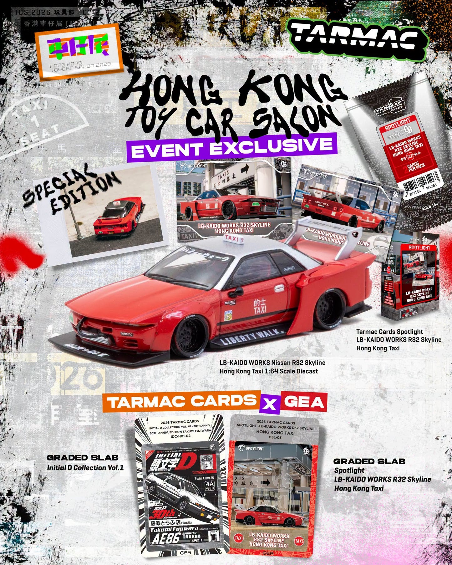 [HK ToyCar] Tarmac Works LB-Kaido Works Nissan R32 Skyline - HONG KONG TAXI Hong Kong Toy Car Salon 2026 1/64 Diecast