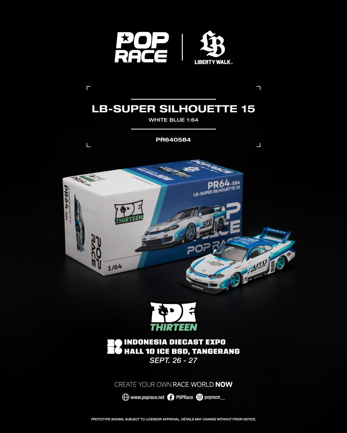 POP RACE LB-Super Silhouette 15 White Blue Auto Finesse IDE 2026 PR640584 1/64 Diecast