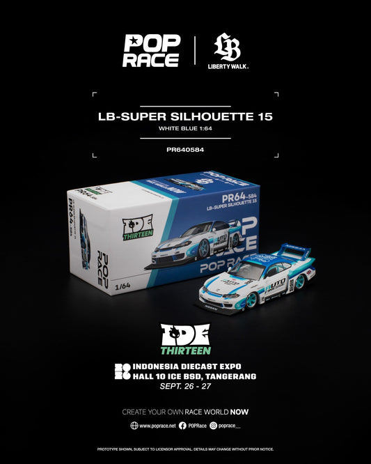 POP RACE LB-Super Silhouette 15 White Blue Auto Finesse IDE 2026 PR640584 1/64 Diecast