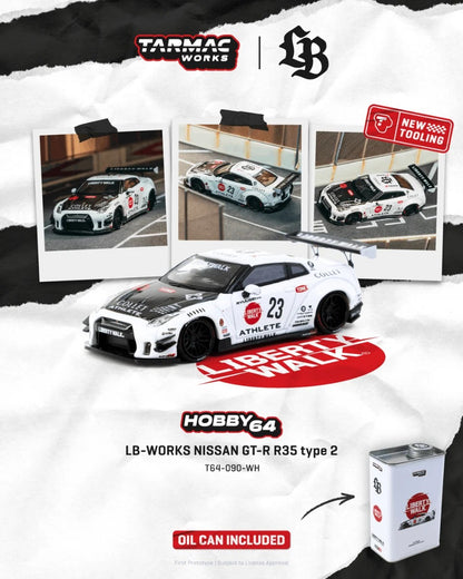 Tarmac Works LB-WORKS NISSAN GT-R R35 type 2 White Oil Can Packaging T64-090-WH 1/64 Diecast