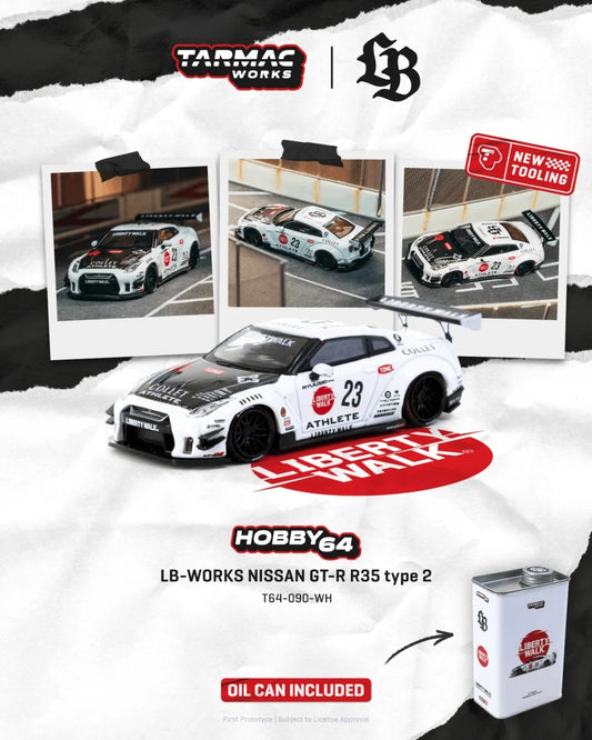 Tarmac Works LB-WORKS NISSAN GT-R R35 type 2 White Oil Can Packaging T64-090-WH 1/64 Diecast