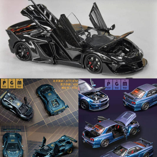 PGM 3pcs Set LP700 GT EVO Black, LP700-4 G Gray Blue, R34 Chameleon HEC 2026 1/64 Diecast