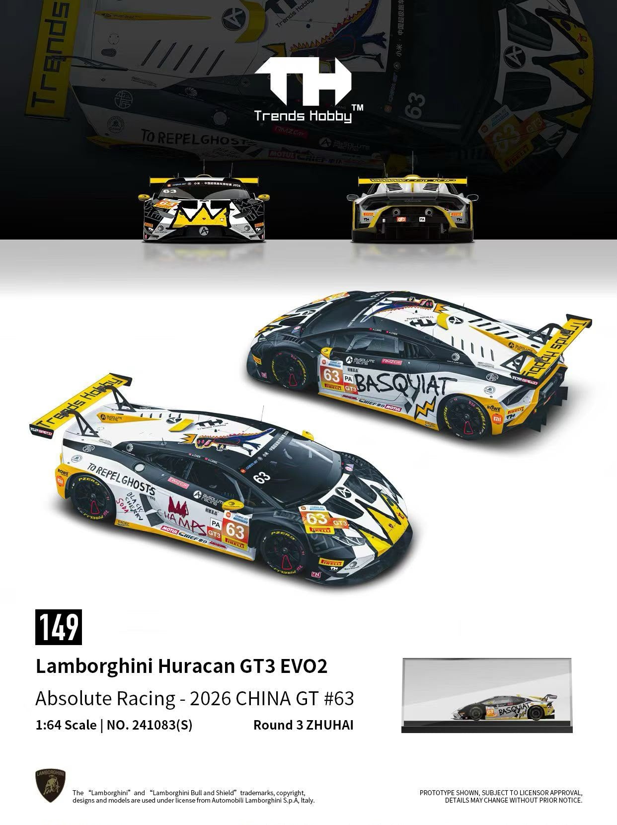 [Pre-Order] Trends Hobby Lamborghini Huracan GT3 Evo 2 CHINA GT ZHUHAI 2026 #63 241083S 1/64 Diecast