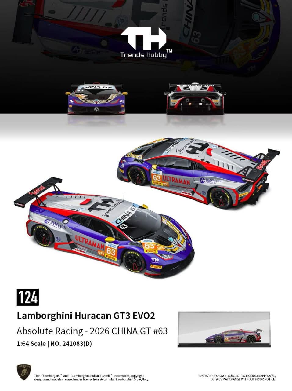 [Pre-Order] Trends Hobby Lamborghini Hurancan GT3 Evo 2 Ultraman Absolute Racing 2026 China GT #63 241083D 1/64 Diecast