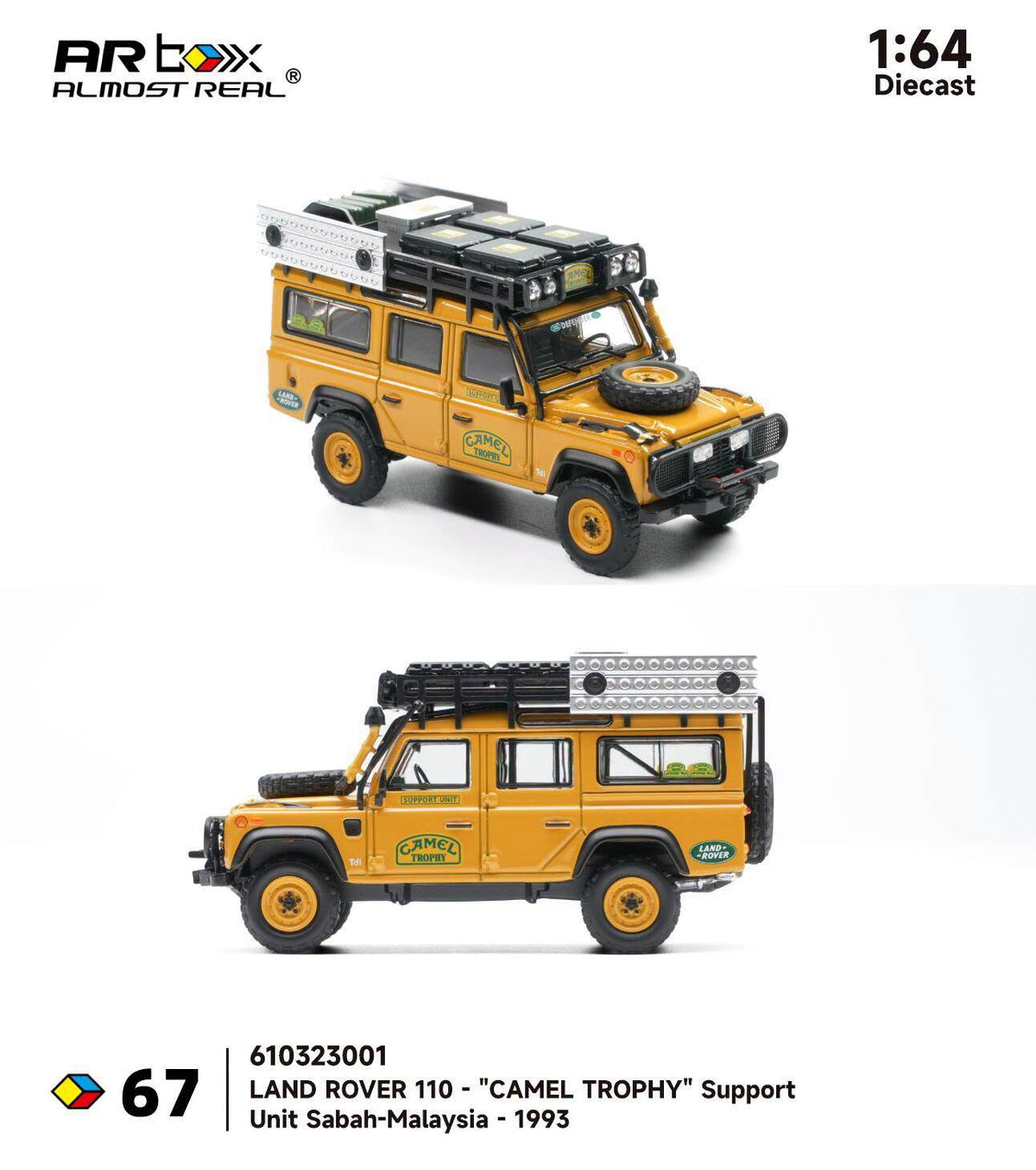 Almost Real AR Box Land Rover Defender 110 Camel Trophy Support Unit Sabah Malaysia 1993 67 610323001 1/64 Diecast
