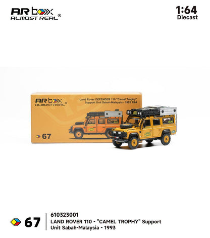Almost Real AR Box Land Rover Defender 110 Camel Trophy Support Unit Sabah Malaysia 1993 67 610323001 1/64 Diecast