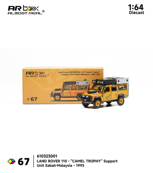 Almost Real AR Box Land Rover Defender 110 Camel Trophy Support Unit Sabah Malaysia 1993 67 610323001 1/64 Diecast