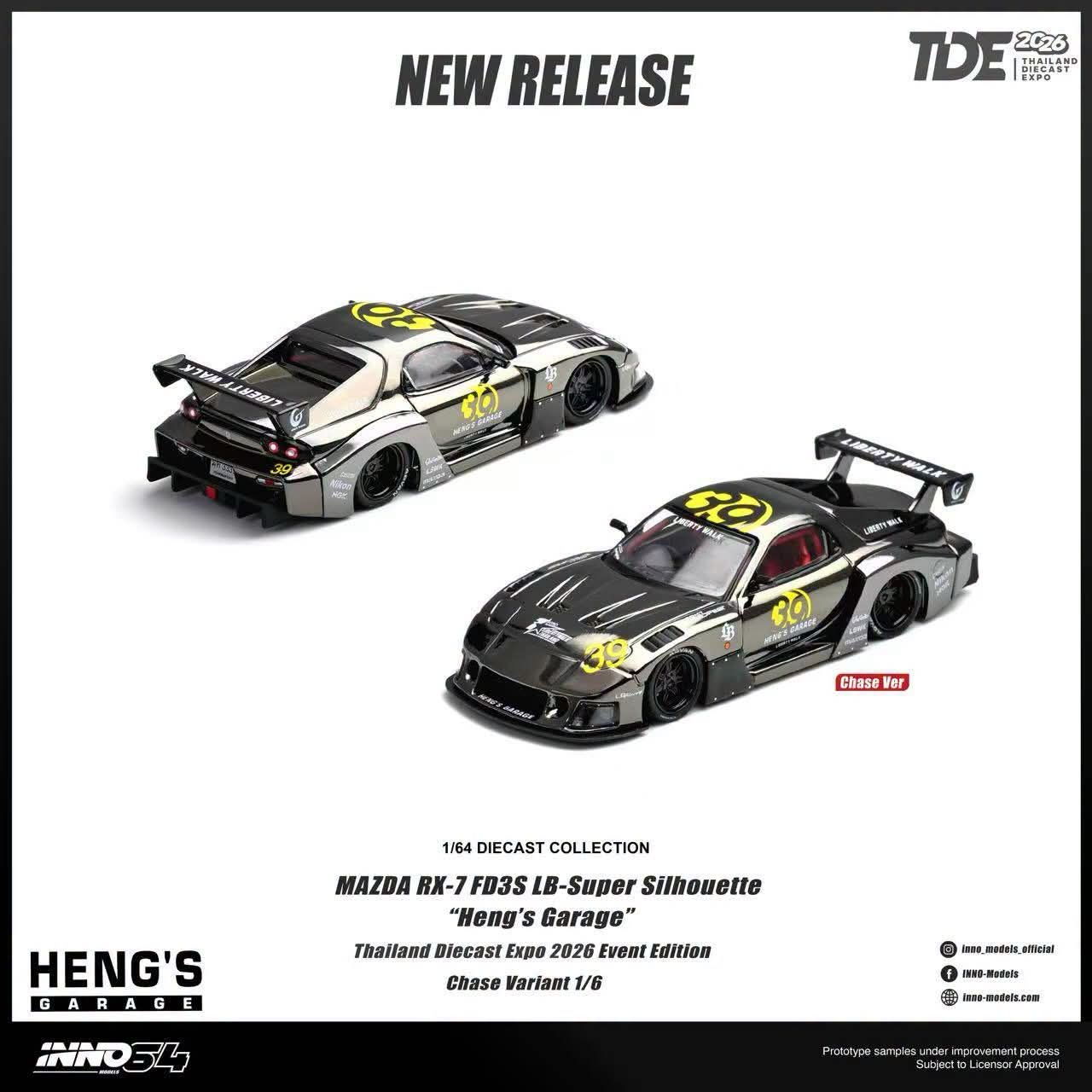 CHASE! Inno64 Mazda RX-7 FD3S LB-Super Silhouette Heng's Garage Chase Black Chrome TDE 2026 Event Edition 1/64 Diecast