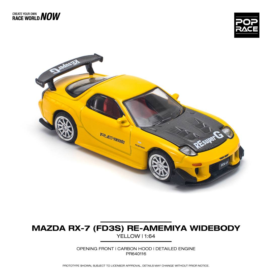 Pop Race Mazda RX-7 FD3S RE-AMEMIYA Yellow PR64-116 1/64 Die Cast