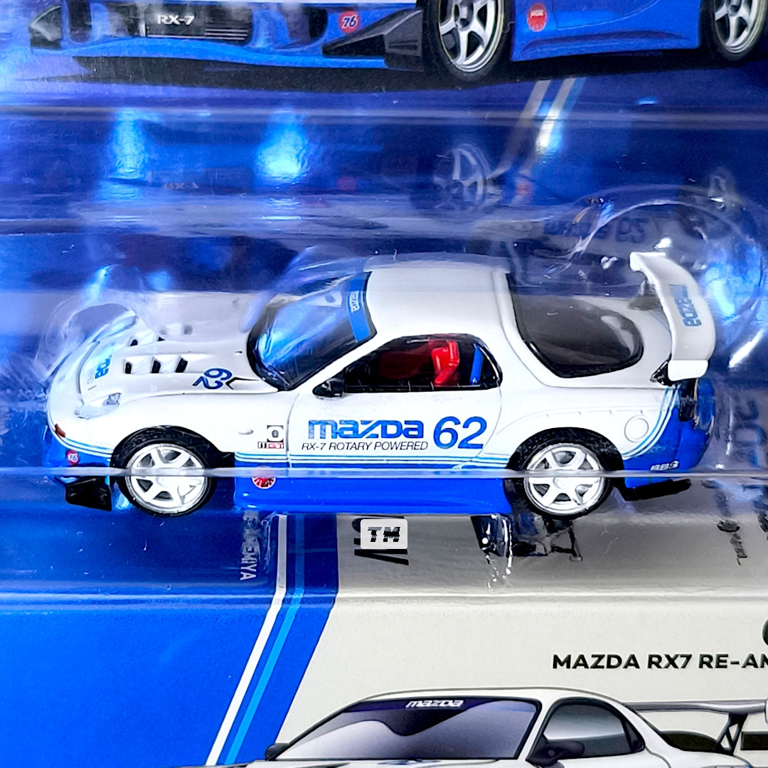 Pop Race Mazda RX7 RE-Amemiya White Blue Blister Packaging PRE021 1/64 Diecast