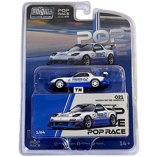 Pop Race Mazda RX7 RE-Amemiya White Blue Blister Packaging PRE021 1/64 Diecast