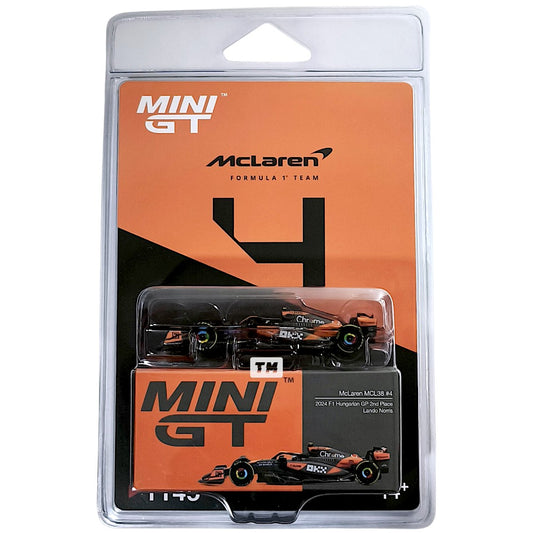 MINI GT McLaren MCL38 #4 Lando Norris 2024 F1 2024 Hungarian GP 2nd Place Blister Packaging MGT01145-BL 1/64 Diecast