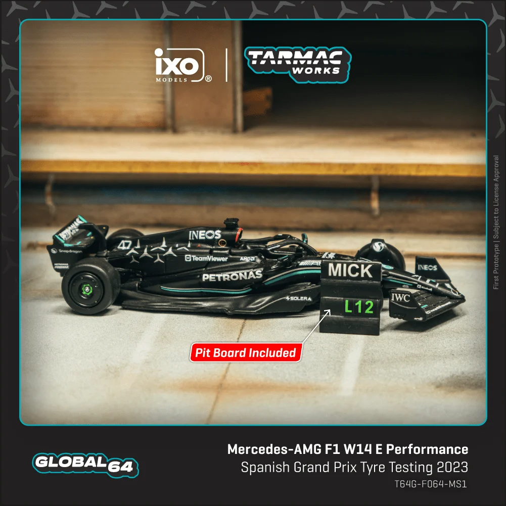 Tarmac Works Mercedes-AMG F1 W14 E Performance Spanish Grand Prix Tyre Testing 2023 Mick Schumacher 1/64 Diecast