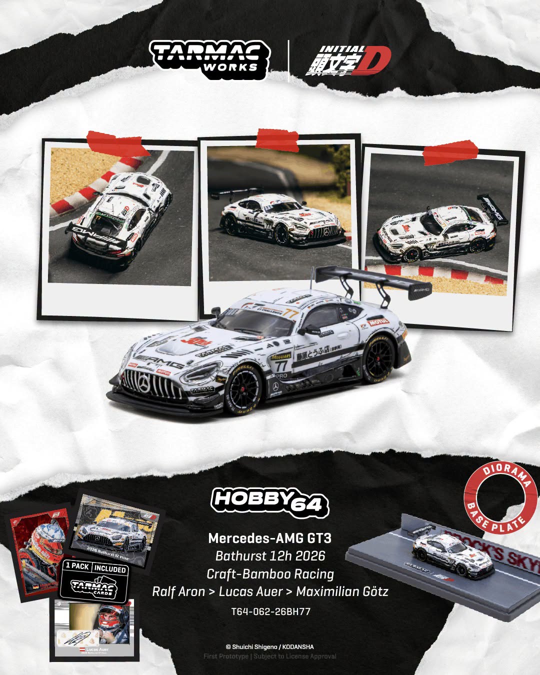[Pre-Order] Tarmac Works Mercedes-AMG GT3 Bathurst 12h 2026 Craft-Bamboo Racing Ralf Aron-Lucas Auer-Maximillian Gotz w Tarmac Cards T64-062-26BH77 1/64 Diecast