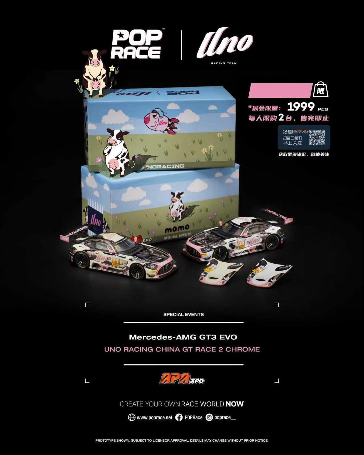 [APAxpo] POP RACE Mercedes-AMG GT3 EVO UNO RACING CHINA GT RACE 2 CHROME (2pcs Set) APAxpo 2026 1/64 Diecast