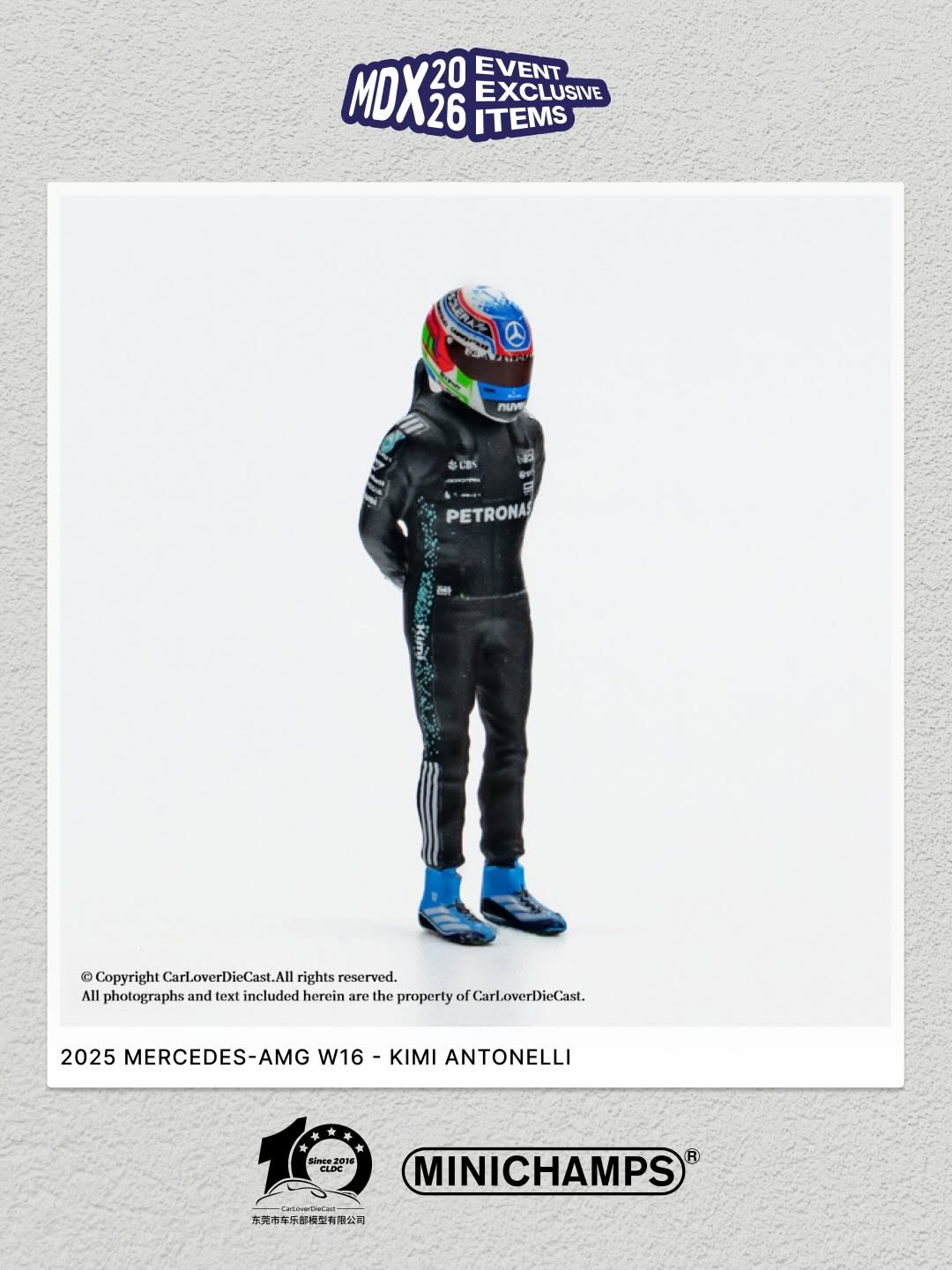 MiniChamps Mercedes-AMG Petronas Formula One Team F1 W16E Performance Kimi Antonelli 2025 w Figurine MDX 2026 Exclusive 1/64 Diecast