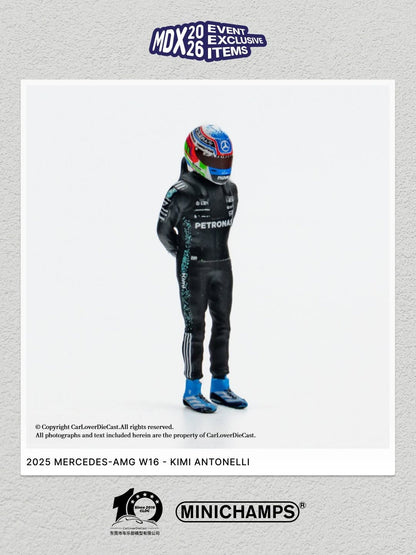 MiniChamps Mercedes-AMG Petronas Formula One Team F1 W16E Performance Kimi Antonelli 2025 w Figurine MDX 2026 Exclusive 1/64 Diecast