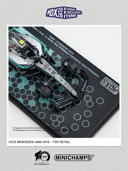 MiniChamps Mercedes-AMG Petronas Formula One Team F1 W16E Performance Kimi Antonelli 2025 w Figurine MDX 2026 Exclusive 1/64 Diecast