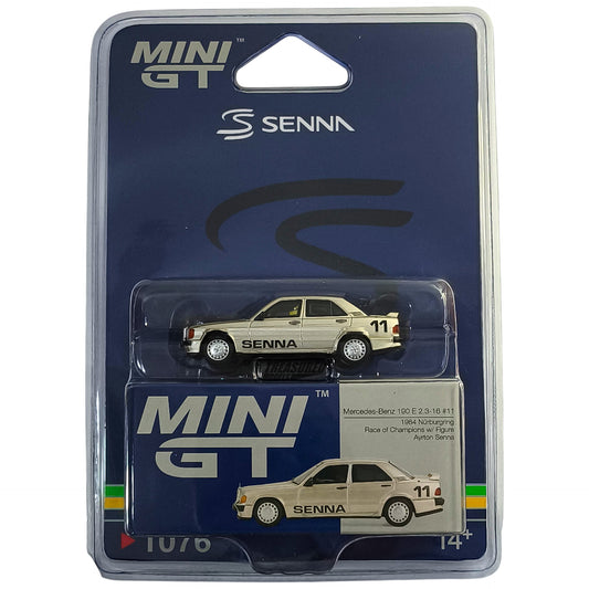 Mini GT Mercedes-Benz 190 E 2.3-16 #11 Ayrton Senna 1984 Nurburgring Race of Champions w Figure Blister Packaging MGT01076BL 1/64 Diecast