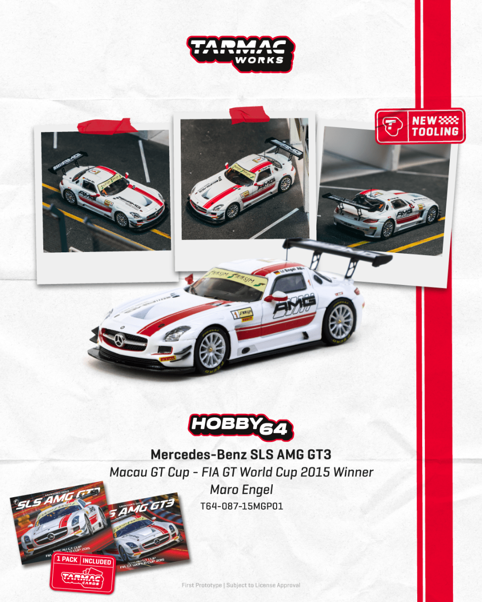 Tarmac Works Mercedes-Benz SLS AMG GT3 Macau GT Cup - FIA GT World Cup 2015 Winner Maro Engel w/ Tarmac Cards T64-087-15MGP01 1/64 Diecast