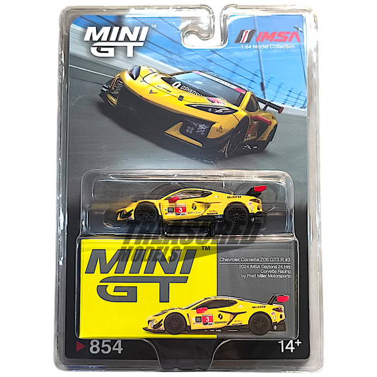 Mini GT Chevrolet Corvette Z06 GT3.R 3 Corvette Racing by Pratt Miller Motorsports 2024 IMSA Daytona 24 Hrs Blister Packaging MGT00854 1/64 Diecast